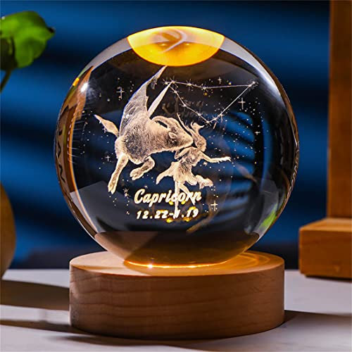 3D-Laser-Konstellation, Kristallkugel, 60 mm, 80 mm, Kristallpapierstadt, globales Glas, Feng Shui mit USB-Basis, 12 Sternzeichen, Geschenkstatue, Schnitzglas, Heimdekoration (8 cm, Steinbock)