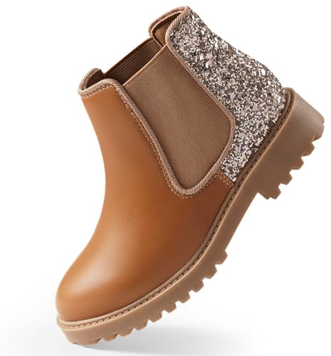 Girls Boots Kids Glitter Ankle Boots School Shoes Elegant Big Kid Fashion Winter Boots Short Flat Bootie for Junior/Yourth Brown Size 4