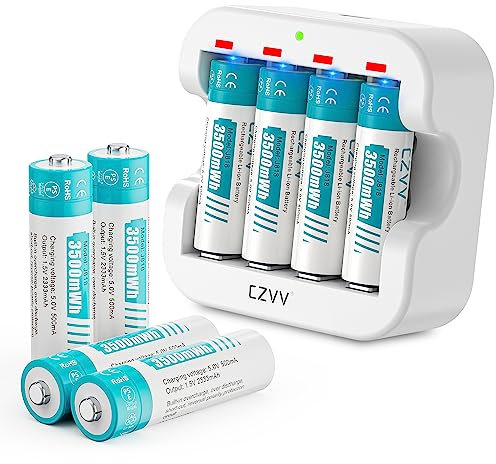 czvv Rechargeable AA Lithium 1.5V Batteries - High-Capacity 3500mWh - 1300 Cycles - Full-Recharged 8 Pack with Ultra Fast Charger, Long-Lasting, Constant Output for Household Office Device, Blink