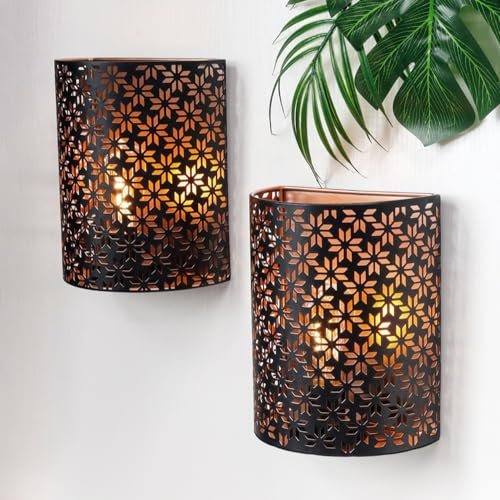 NEWIMAGE Lot de 2 Lampes de Table à Piles 20 cm H Applique Murale Éclairage Lampe Murale Rustique en Métal avec Minuterie de 6 Heures pour Salon Chambre Couloir Escalier (Marron, Flocon de Neige)