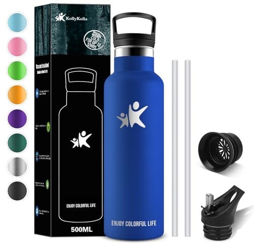 KollyKolla Gourde Isotherme Enfant, 500ml, Bouteille Isotherme Acier Inoxydable, Bouteille d'eau sans BPA, Gourde Inox avec Paille, Réutilisable, Gourde Sport pour Enfant, Adultes - 2 Couvercles