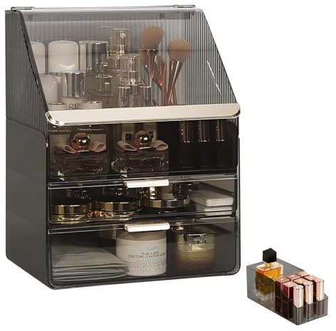 DASITON Large Capacity Makeup Organiser Storage for Vanity, Make Up Desktop Storage Box with 2 Drawers, Dustproof Bathroom Organiser for Perfume, Jewelry, Skincare and Cosmetic Products (Grey)