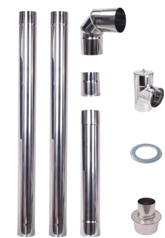 Pelletrohrset 80mm Inox 304 Edelstahl Abgasrohr 1m Pelletrohr Kapselknie T-Stück Kondenskapsel Bogen Winkelrohr 90° Adapter schornstein Erweiterung Ofenrohr Wandrosette, Durchmesser 80-130mm