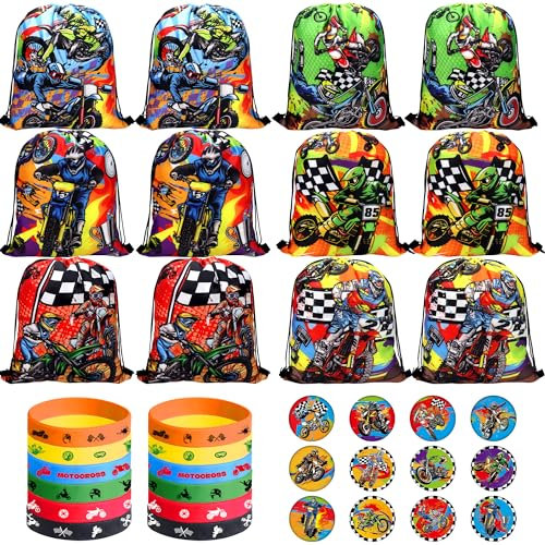 Ywediim Motorrad Party Mitgebsel, Einschließlich Motorrad-Thema Junge Motocross Taschen Drawstring Goodie behandeln Taschen Armbänder Abzeichen, für Motocross-Thema Kinder Geburtstag Party Geschenk