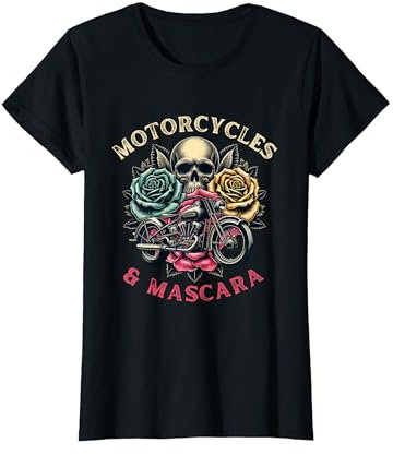 Visit Biker T-Shirt Femme Moto Et Mascara Roses Biker Noir X-Small V-Neck Classic Fit Manche Courte