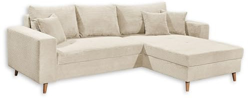 Stella Trading Larina Ecksofa in Cord-Optik mit Schlaffunktion, Cream - Moderne Eckcouch in L-Form mit Bettkasten und Massivholz Füßen - 282 x 92 x 186 cm (B/H/T)