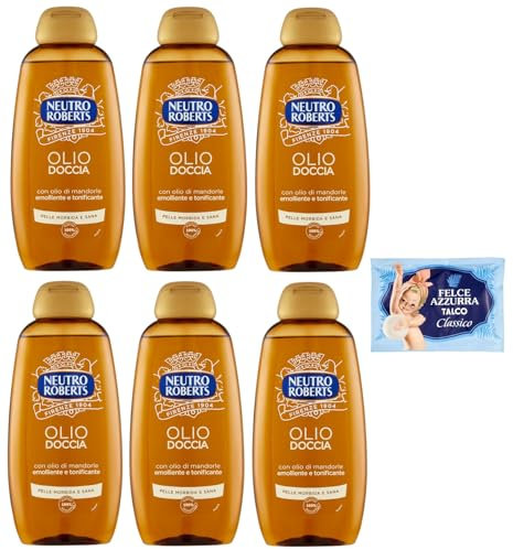 Neutro Roberts Olio Doccia con olio di mandorle, olio doccia con olio di mandorle, ammorbidente e tonificante 250 ml + 1 confezione di polvere di talco Felce Azzurra, sacchetto da 100 g