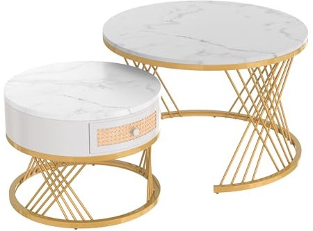 BTM Round Coffee Table with Drawers for Living Room, Coffee Tables with MDF Marble Effect Tabletop, Nesting Tables Round Side Table with Gold Coloured Iron Legs. 70 * 70 * 45.5+50 * 50 * 38.5cm