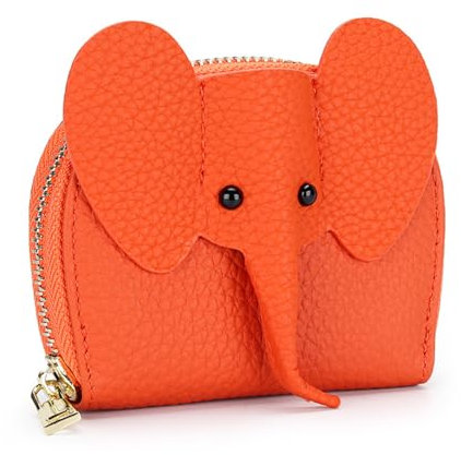 MADALO Porte-cartes de crédit en forme d'éléphant en cuir véritable de luxe avec fermeture éclair pour femme, taille compacte, mini porte-monnaie, Orange, Minimaliste