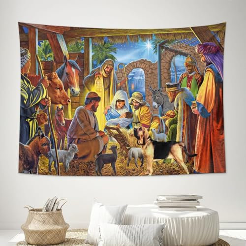 FLYVET Jesus Tapisserie Krippen-Tapisserie Jungfrau Engel Maria Wandkunst Christliche Poster Wandteppiche Ostern Weihnachtsdekoration für Wohnzimmer Schlafzimmer Kirche Heimdekoration 101,6 x 152,4 cm
