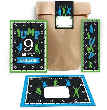 Minkocards 12 Einladungskarten zum 9. Kindergeburtstag Junge Mädchen Jump Trampolin Einladungen neunte Geburtstag incl. 12 Umschläge, 12 Partytüten/natur, 12 Aufkleber, 12 Lesezeichen