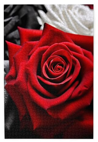 Schwarz-weiße und rote Rosen, 1000 Teile, personalisiertes Puzzle, Holz-Fotopuzzle für Erwachsene, Familienbild, Puzzle, Geschenke für Hochzeit, Geburtstag, Valentinstag, Geschenke (74,9 x 50 cm)