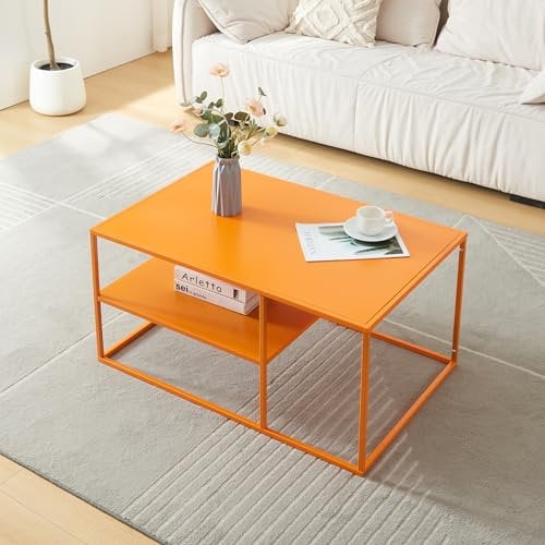 [en.casa] Couchtisch Solund Beistelltisch Metall Orange Wohnzimmertisch mit Stauraum 90 x 60 x 45 cm Sofatisch rechteckig Kaffeetisch