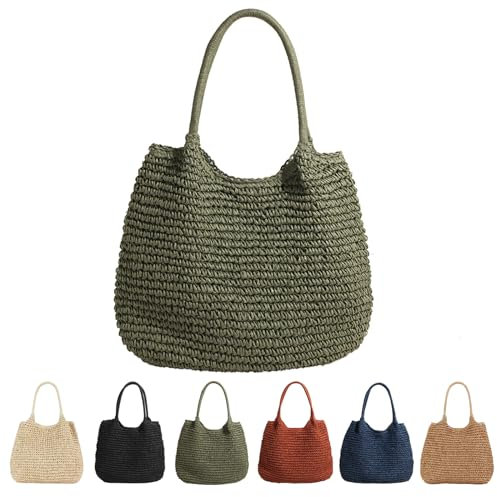 CXINLky Bolso de paja de verano para mujer, bolsa de paja de verano, bolsa de paja de gran capacidad, bolso de playa bohemio, bolso trenzado, bolsa de cesta, bolsa de playa, verde