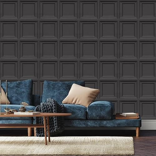 Snewvie 3D Wood Effect Wallpaper Wooden Panel Frame Realistic Textured Retro Embossed Black Tartan Wallpaper for Living Room Feature Wall Bedroom,Black