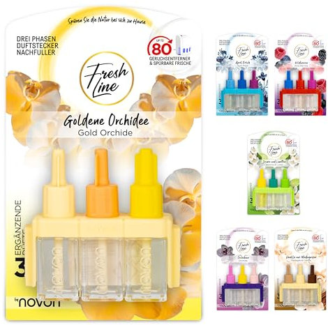 FRESH LINE® Duftstecker Nachfüller 3er Pack (3x7ml) – 3-Phasen-Wechsel – komp. zu 3VOLUTION – Lufterfrischer – 6 Düfte: Wildbeeren, Jasmin Limetten, Aprilfrisch, Goldene Orchidee, Vanille, Orchideen