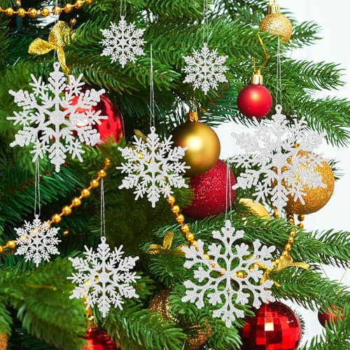 Schneeflocken Weihnachtsbaum Deko 36Pcs, Christbaumschmuck Schneeflocken zum Aufhängen, Schneeflocken Anhänger Weihnachtsbaumschmuck Glitzer, Silber Schneeflocken mit Schnur zum Weihnachtsbaumdeko