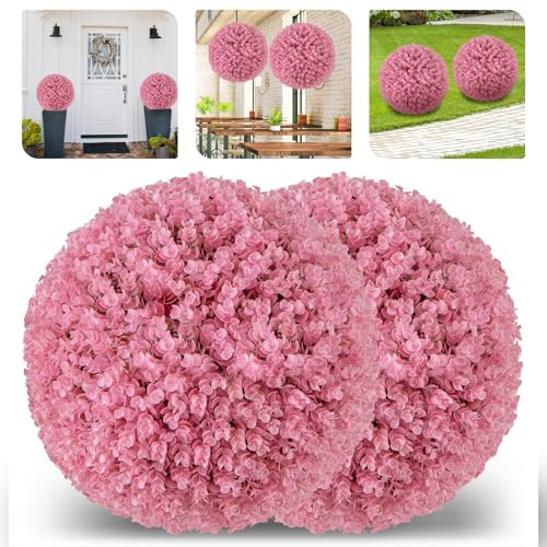 TANGZON Artificial Topiary Balls Set of 2, 44CM Round Fake Eucalyptus Topiary Balls, Indoor Outdoor Hanging Decorative UV Fade Protected Faux Grass Balls for Home Office Garden Décor, Pink