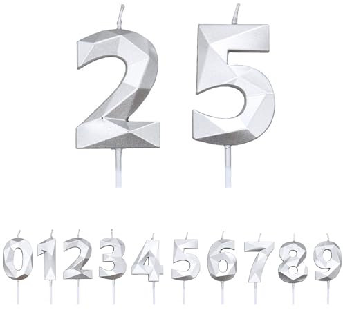 FUZVOL Birthday Cake Candles, Silver Number 25 Candle,Cake Topper Decorations