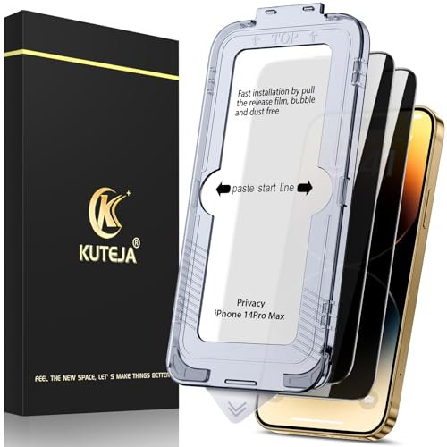 Kuteja 2 Pack Privacy Screen Protector for iPhone 14 Pro Max 6.7 inch, Anti-Spy Tempered Glass Film with Auto Dust-Elimination Installation Tool, Military-Grade Protection/Full Coverage