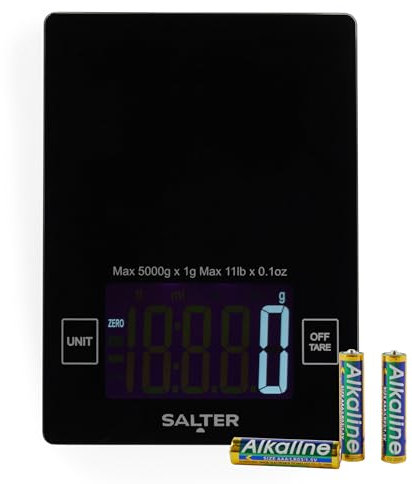 Salter High-Capacity Kitchen Scale – 10kg Capacity, Large Digital Display, Add & Weigh Zero Function, Measures Liquids, Slim Glass Platform, Food Scale, Electronic Cooking/Baking Scale, SA00644FEU12