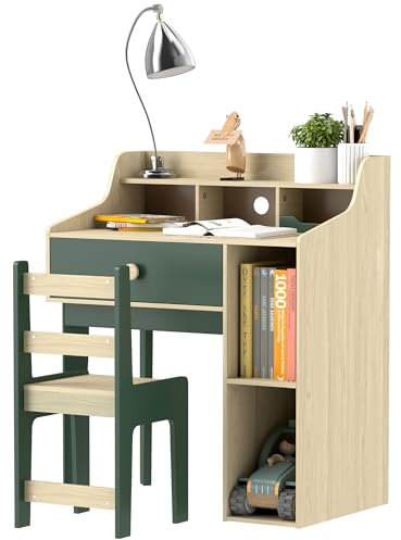 AIYAPLAY Kids Desk and Chair Set, Children Study, Table and Chair Set with Storage Shelves, Drawer, Kids Table and Chair Set for 3-10 Years, Green