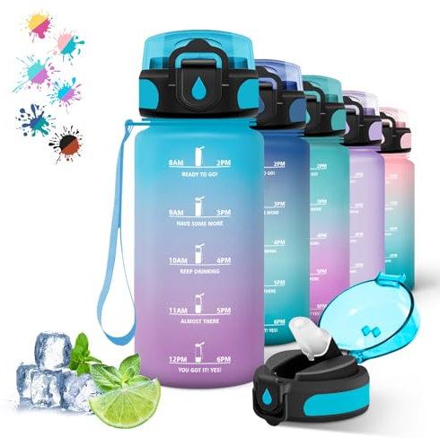 Trinkflasche Kinder, Trinkflasche 0 5 liter, Trinkflasche mit Strohhalm, Leicht zu Reinigen, Trinkflasche mit Zeitmarkierung, Auslaufsicher, Wasserflasche für Schule, Büro, Camping, Running, Blau-Lila