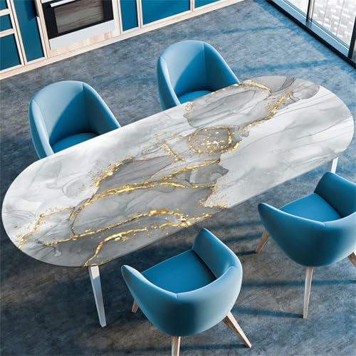 Morbuy Tischdecke Wasserdicht Oval, Marmor Steinkörnung Elastische Tischdecke Oval Tischdecke mit Gummizug Rund, Tischdecken Tischtuch Abwischbar Gartentischdecken (132x229cm,Grau + Gold B)