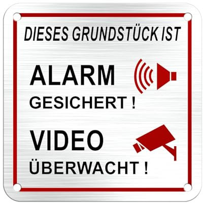 SINMAO Schild Dieses Grundstück ist Videoüberwacht 10x10cm Aufkleber Aluminium Gebürst, Alarm Gesichert Sticker x1Stück