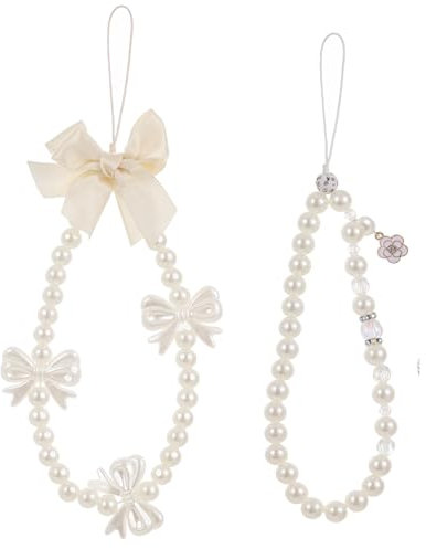 EILYGK 2PCS Mobile Phone Charm, Crystal Bow Flower Pearl Beaded Phone Wrist/Bracelet Strap Chain for Keys, Digital Camera
