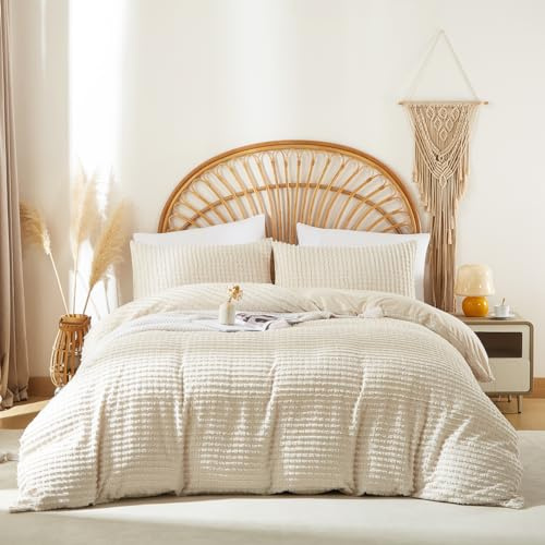 Bettwäsche 135x200 Beige Gestreift Modern Bettbezug mit Kissenbezug 80x80 | Bettwäsche Set 2 Teilig, Streifen, Boho Getuftet Shabby Chic, Landhausstil, Wende, Aesthetic, Microfaser, Reißverschluss