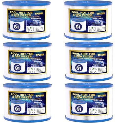 Splosh Type S1 Filter Cartridges - Pack of 6 - Replacement Filters Compatible With PureSpa Easy Set Pool Filters (Intex 29001E) - For Pools, Spa, Hot Tub