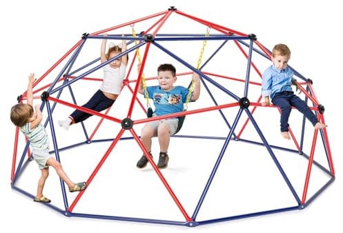 COSTWAY Kletterkuppel mit Schaukel, Ø 305cm Klettergerüst Outdoor groß, Kinder Spielplatz zum Schaukeln & Klettern, bis 363 kg Belastbar, für Kinder von 3 bis 12 Jahren (Blau + Rot)