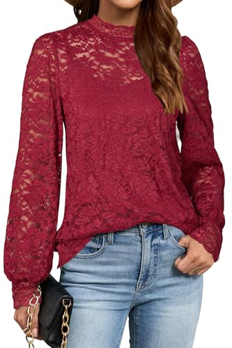 LAISHEN Womens Long Sleeve Tops with Cami Mock Neck Lace Blouse 2 Piecs Set | Blouses for Women UK,Going Out Tops for Women UK,Casual Dressy Blouse,Sheer Lace Blouse with Cami,