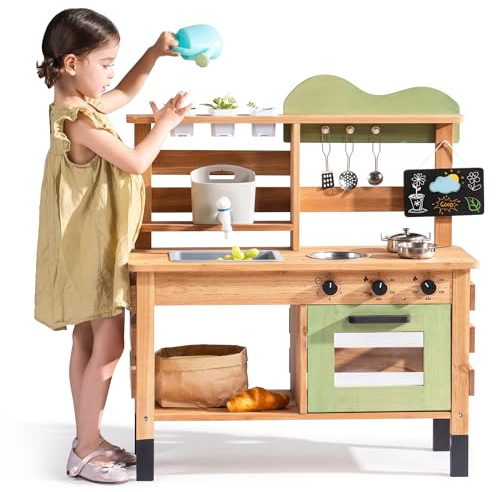 ROBUD Mud Kitchen for Kids, Wooden Play Kitchen Outdoor with Real Faucet, Removable Sink, Kettle, Planting Cup, Oven, Chalkboard, Kids Garden Toy Kitchen, Gifts Toys for Boys Girls Age 3+