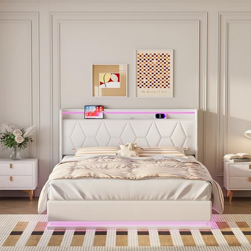 KeepGoon Bett 160 x 200 cm, Polsterbett, mit LED-Beleuchtung und USB-Anschluss, Doppelbett, boxspringbett, jugendbett, funktionsbett, Kopfteil und Lattenrost, weißes Flanell