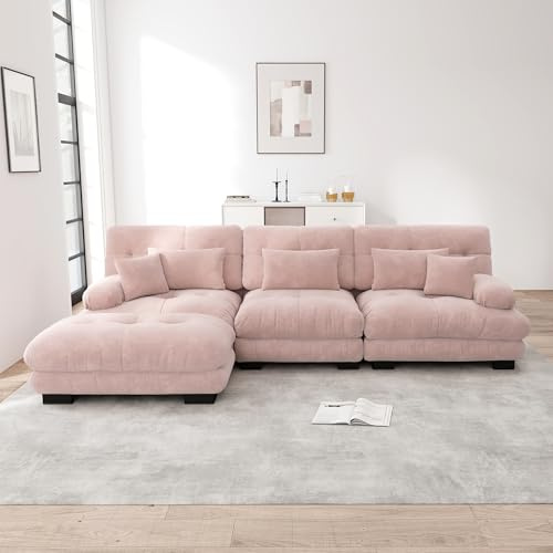 Rvjiahe Divano Modulare di Lusso ad Angolo - Divano Cloud Extra Large a Forma di L per Soggiorno, Divano Letto Profondo con Pouf, in Cord (Rosa+3 Posti)