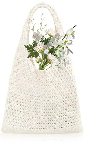 Shwdsy Strandtasche Gehäkelt, Boho-Stil Gehäkelte Tasche, Hohles Design Strand Tasche, Beige Häkeltasche, mit Doppelgriffen, für Reisen, Urlaub und Shopping