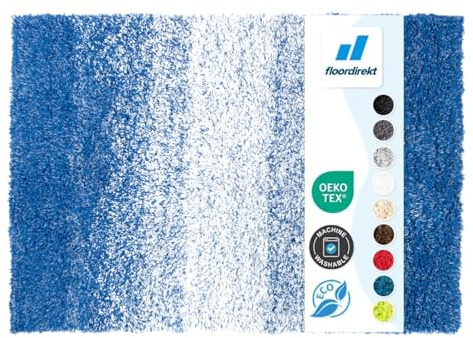 Floordirekt Badematte Wave, Badteppich in Rund, Dichtes, Flauschiges Wohlgefühl für Ihr Zuhause, Badvorleger rutschfest waschbar, schadstoffgeprüft Blau/Weiß 60 x 90 cm