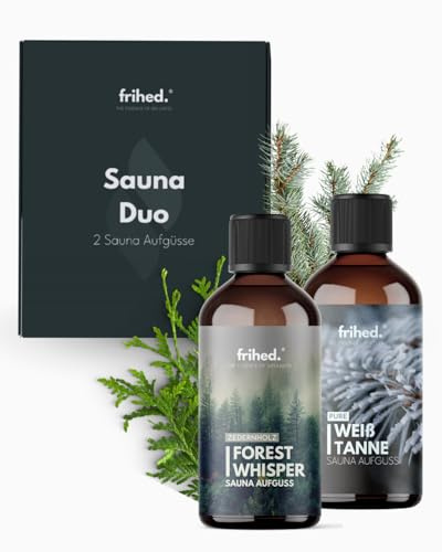 frihed.® Saunaaufguss Set Nadelwald - Zeder & Weißtanne Saunaöl - Aufguss Set für alle Sauna Arten - Geschenkset - 2x 100 ml Glasflaschen - Made in Lüneburg