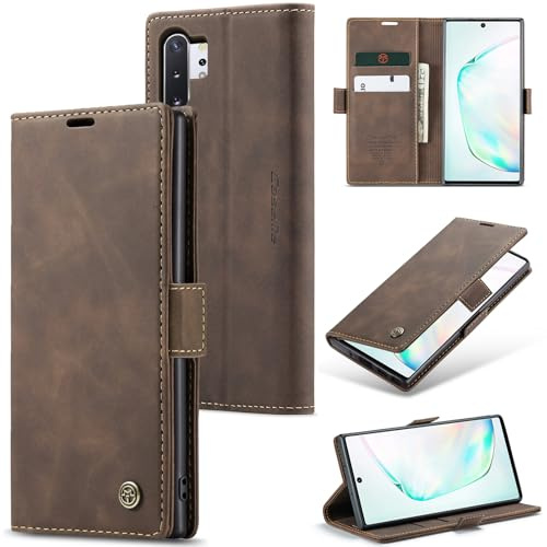 Sojlecyu Handyhülle für Samsung Galaxy Note 10 Plus hülle Premium PU Leder Cover Klapphülle Tasche Flip Case Magnet Kartenfach Ständer Schutzhülle für Samsung Galaxy Note 10 Plus, Kaffee