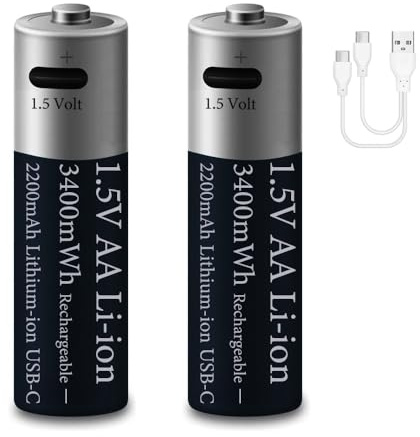 2 Pack 1.5V AA 3400mWh Lithium Battery Rechargeable, 1.5Volt 2200mAh Double A Li-ion USB-C Batteries for Remote Control/Controller/Toy/Radio, 2 in 1 Charging Cable, 2 Hours Fast Charge, 1200 Cycles