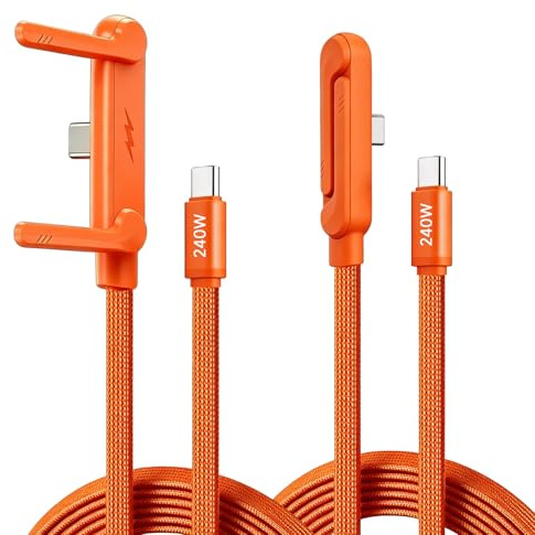 2Pcs Cable USB C 240W con Soporte Invisible 2 en 1, Cable Carga Rápida PD 3.1 Tipo C con Soporte Plegable 360°, Conector 90°, Cable Trenzado 1,5 m para Smartphone Tablet Laptop Uso Horizontal Vertical