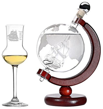 Grappa-Set Personalisiert - Flasche Weltkarte und Schiff Globus befüllt 500 ml Grappa - Geschenkidee Geburtstag - Grappaglas 87ml Grappakelch mit Gravur - Motiv Segelschiff