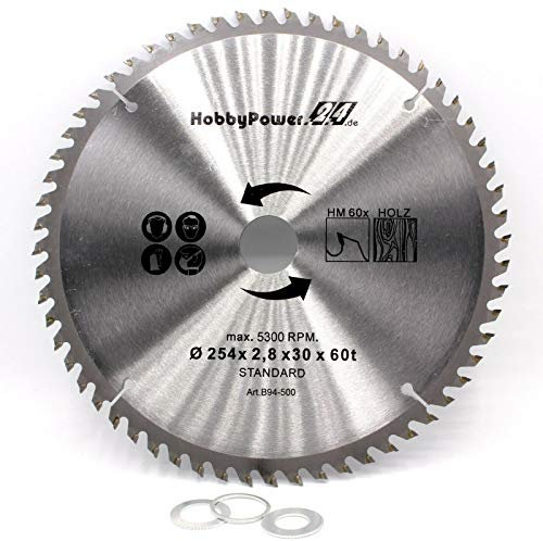 Lame de scie circulaire en métal dur pour bois, scie circulaire de table, scie radiale, scie à onglet 254 x 30 mm, 60 dents + 3 bagues de réduction de 24,4 mm, 20 mm et 16 mm