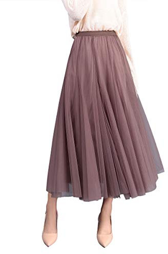 Damen Rock Sommer Langer Tüllrock A-Linie Faltenrock 83cm Länge Knöchellang Hoher Bund Schick Maxirock Elastisch Taille, Zimtbraun