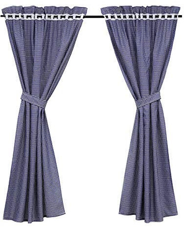 HeichkelL 2 Stück Karo-Muster Gardinenschals mit 2 Raffhalter Karierte Gardinen Landhausstil Blickdichte Küche Vorhänge mit Tunnelzug Blau BxH 80x145 cm