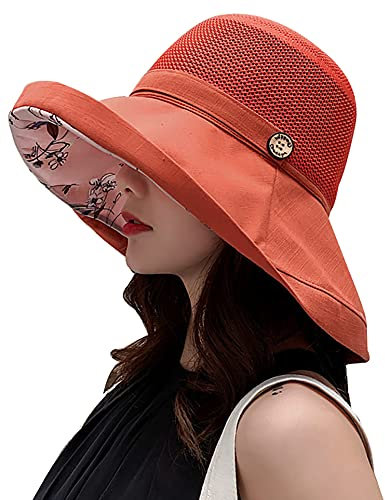 Sommer-Sonnenhüte aus Netzstoff für Damen, leichter Strandhut mit Blumenmuster, LSF 50+, verstaubar, breite Krempe, Fischerhut mit Kinnriemen - Orange - Medium