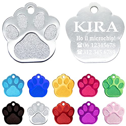 Ibera gifts - Medaglietta Cane Personalizzata a Forma di Zampa in Alluminio Lucido, Targhetta Cane con Incisione, Fino a 4 Righe di Testo, Perfetta per Animali di Taglia Media e Grande (Argento)