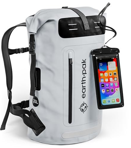 Earth Pak wasserdichter Rucksack – 35L / 55L Waterproof Backpack mit leistungsstarkem Rolltop Rollverschluss, Reißverschluss Tasche und IPX8 wasserfester Handyhülle (Grau, 85L)